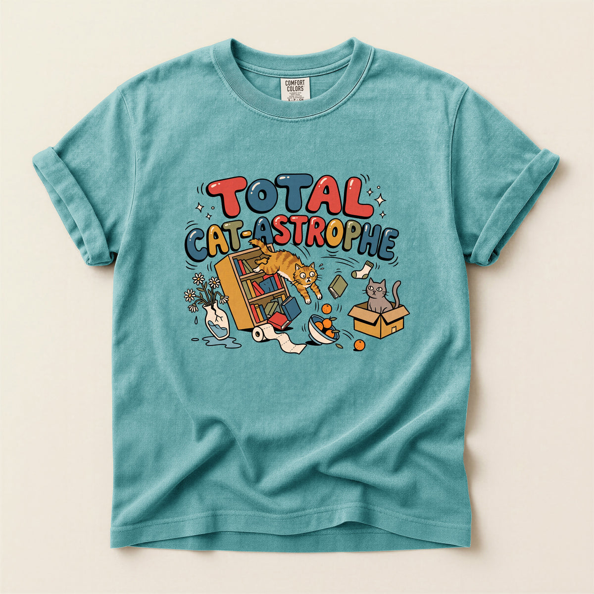 Total Cat-astrophe graphic tee in Seafoam, flat lay