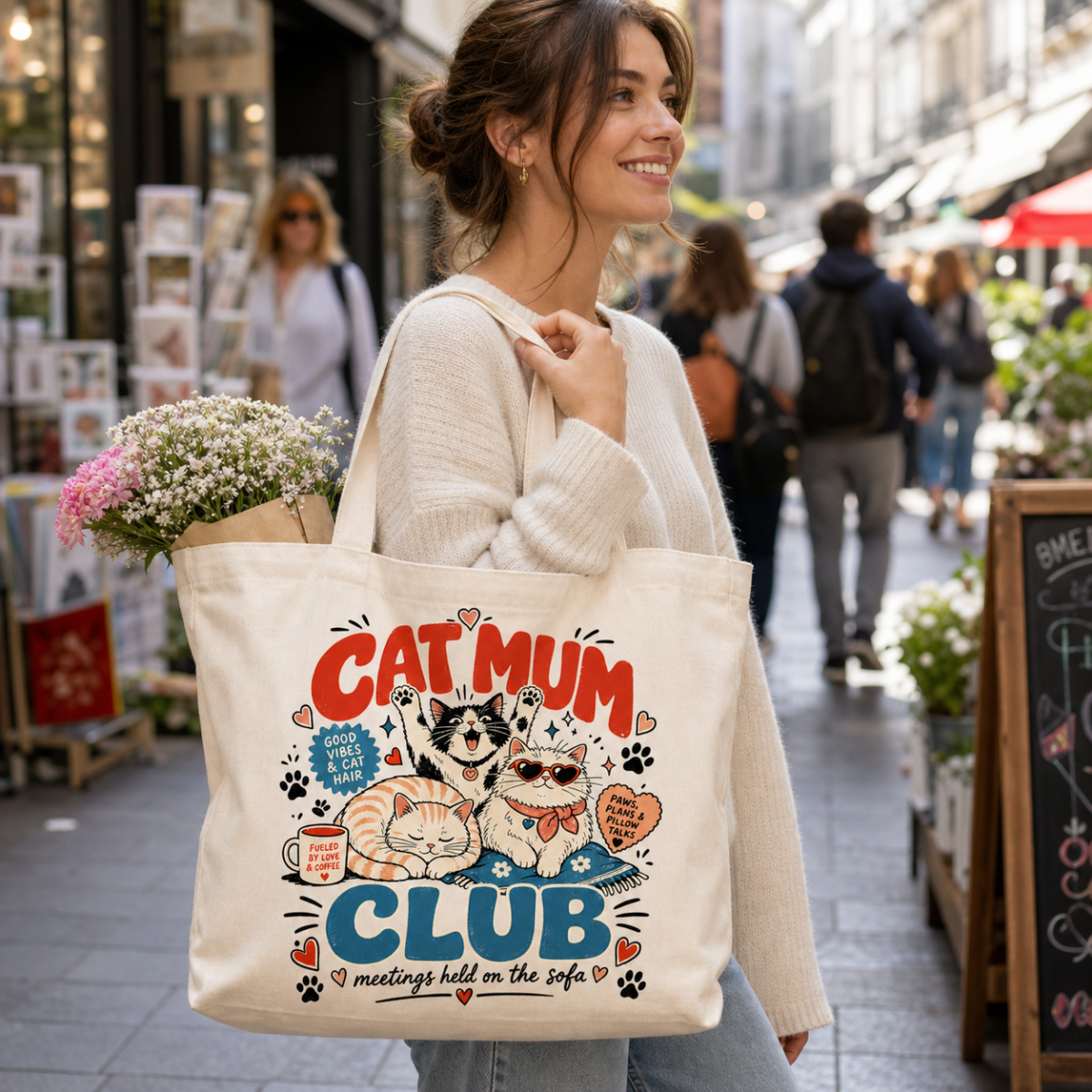 Cat Mum Club tote bag worn on shoulder, street market lifestyle shot