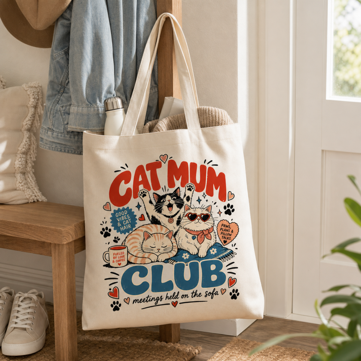 Cat Mum Club tote bag hanging on coat rack in entryway