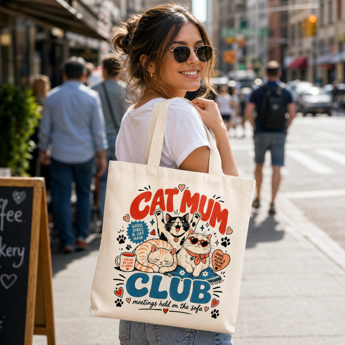 Cat Mum Club tote bag worn by model on city street, close-up