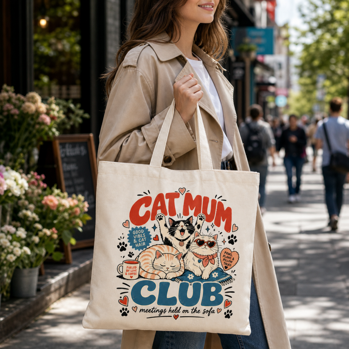 Cat Mum Club tote bag worn by model in trenchcoat, close-up lifestyle shot