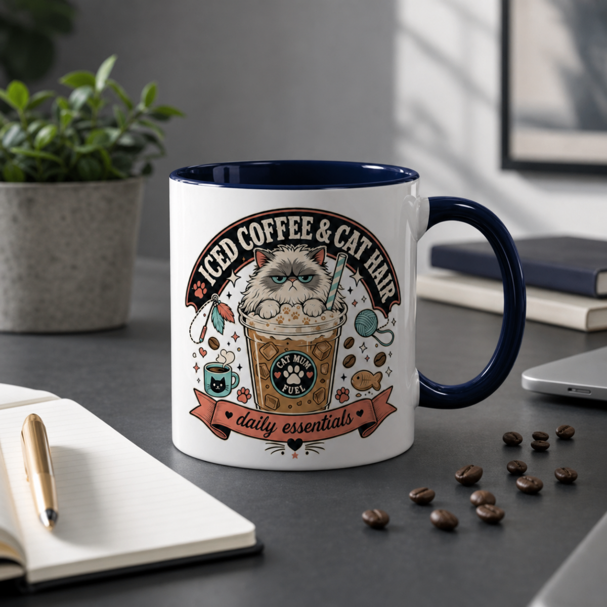 Iced Coffee & Cat Hair Cat Mum mug in Dark Blue, styled lifestyle photo on desk