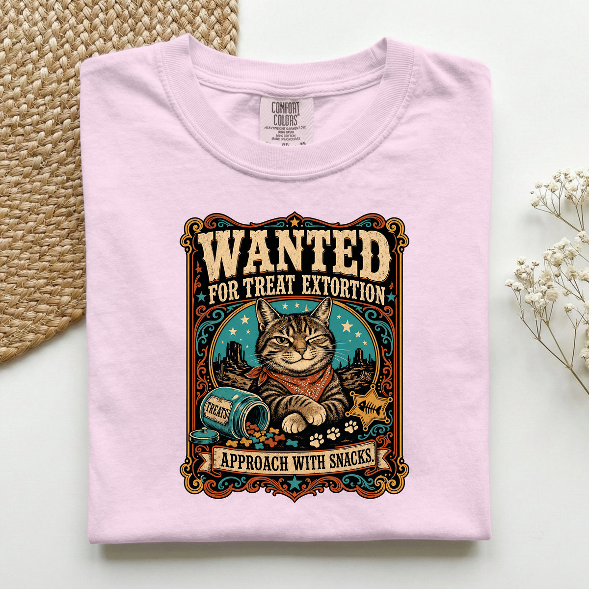 Wanted For Treat Extortion graphic tee in Blossom, folded flat lay