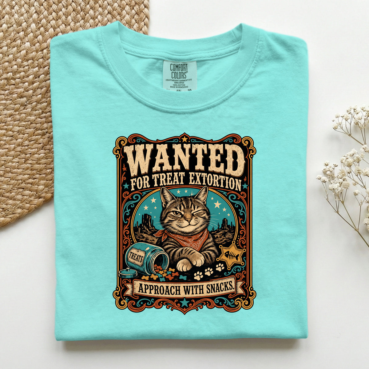 Wanted For Treat Extortion graphic tee in Chalky Mint, folded flat lay