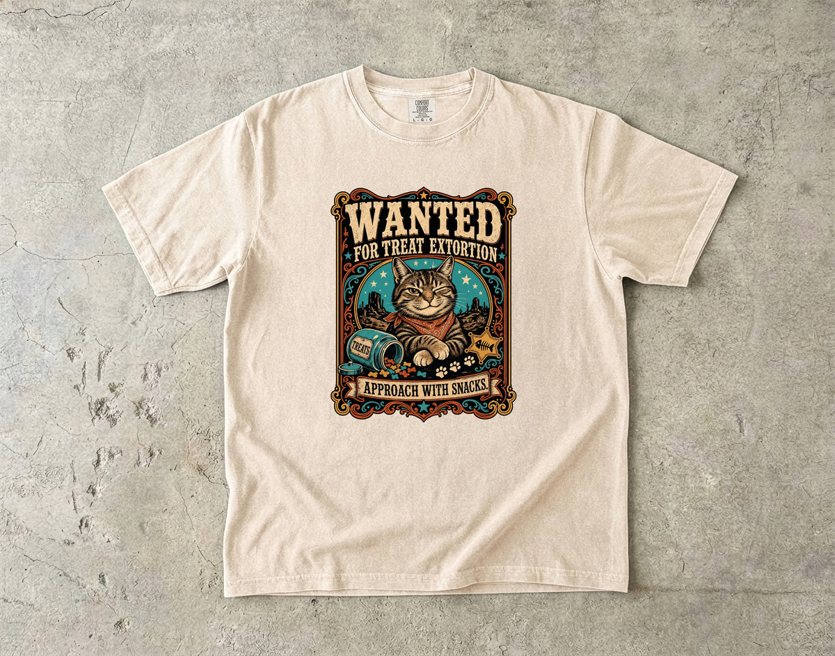 Wanted For Treat Extortion graphic tee in Ivory, folded flat lay