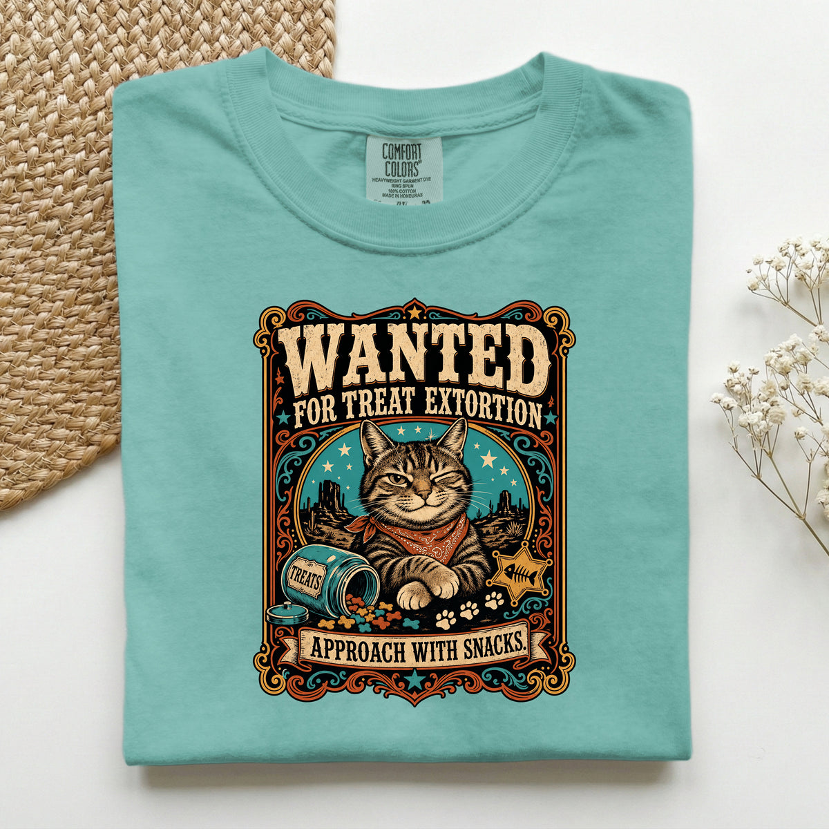 Wanted For Treat Extortion graphic tee in Seafoam, folded flat lay