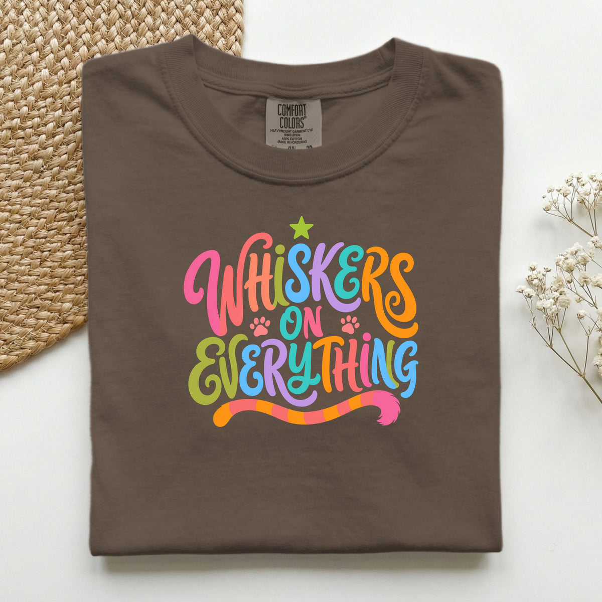 Whiskers On Everything graphic tee in Espresso, folded flat lay