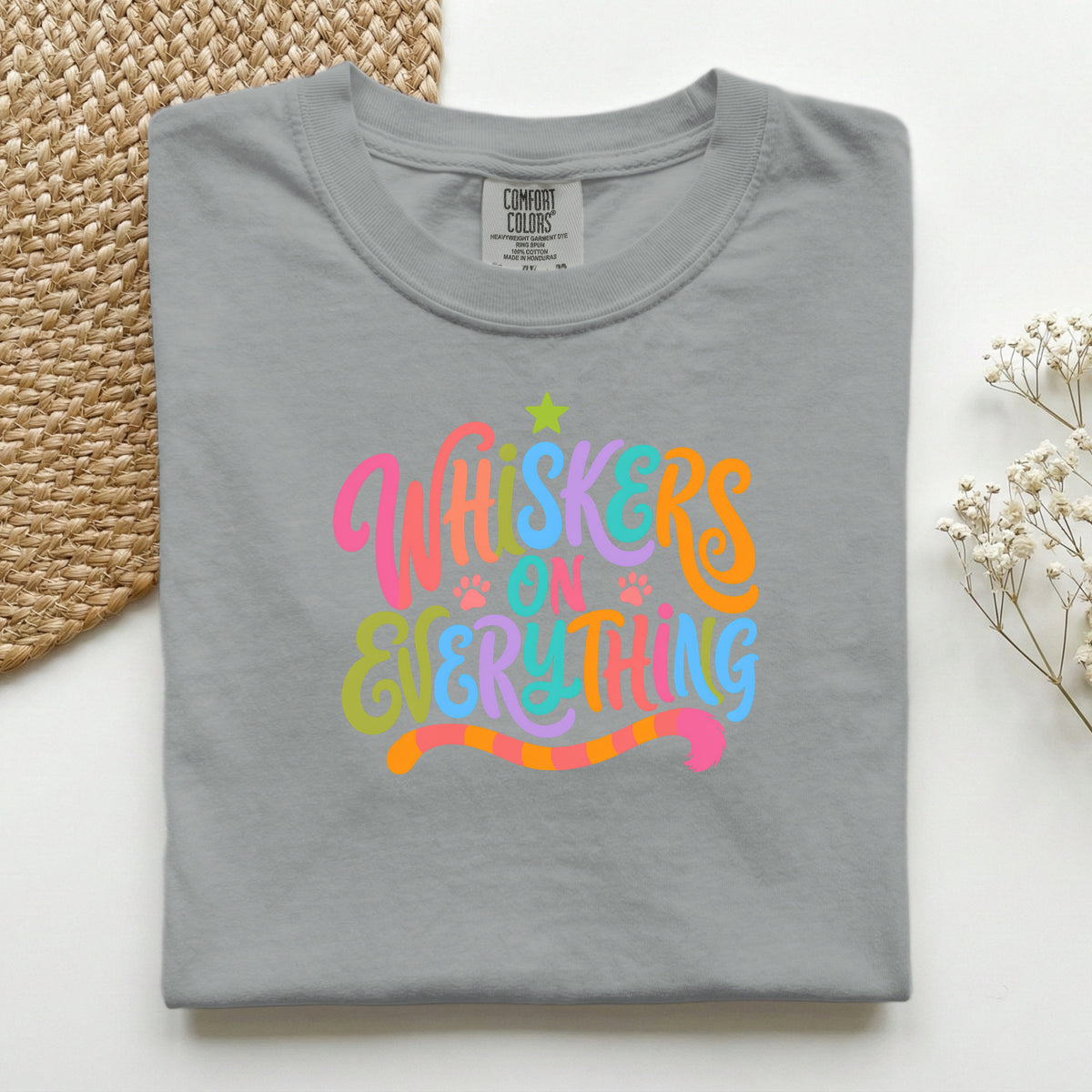 Whiskers On Everything graphic tee in Granite, folded flat lay