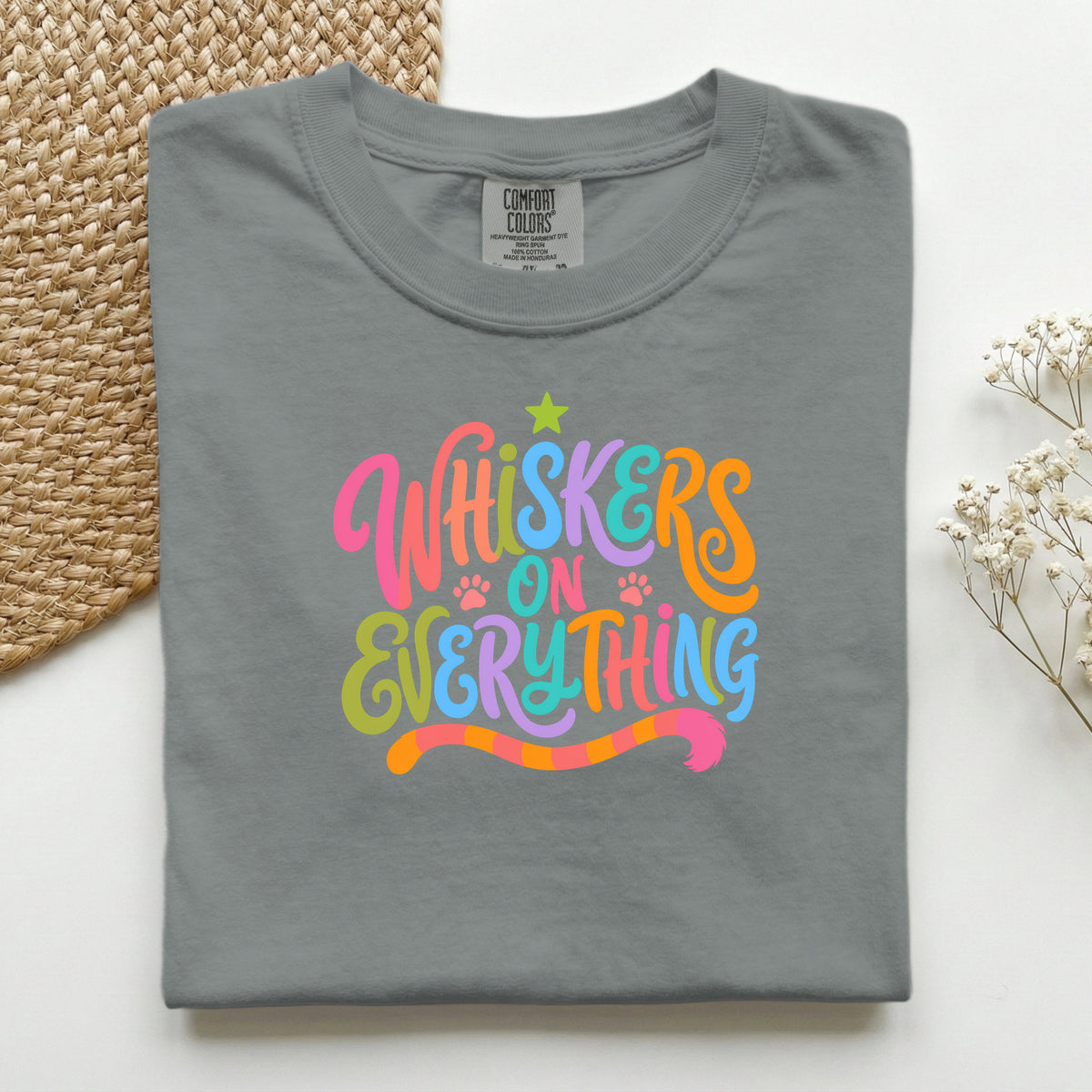 Whiskers On Everything graphic tee in Grey, folded flat lay