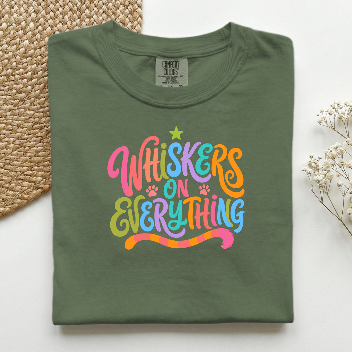Whiskers On Everything graphic tee in Hemp, folded flat lay