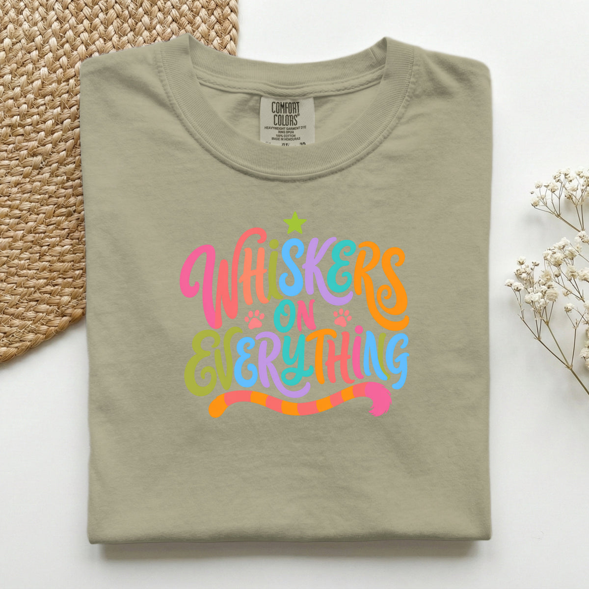 Whiskers On Everything graphic tee in Khaki, folded flat lay