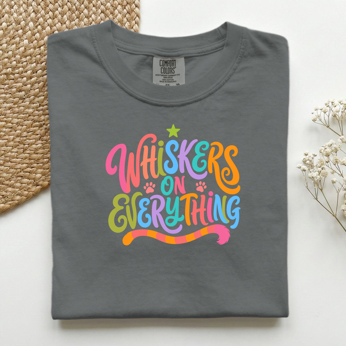 Whiskers On Everything graphic tee in Pepper, folded flat lay