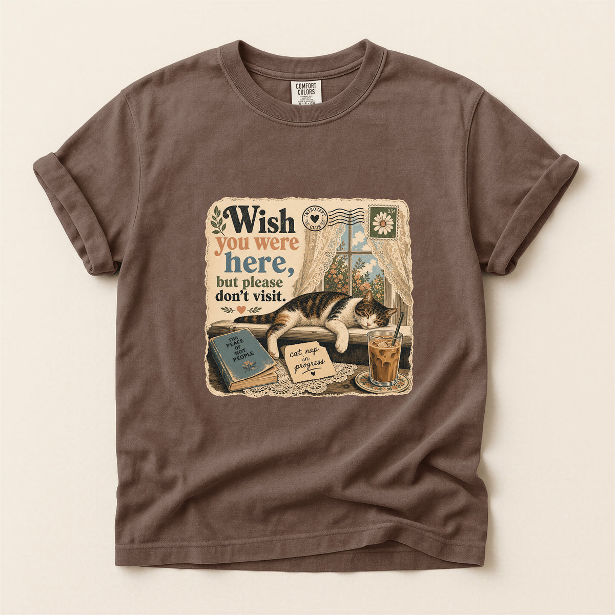 Wish You Were Here graphic tee in Espresso, folded flat lay