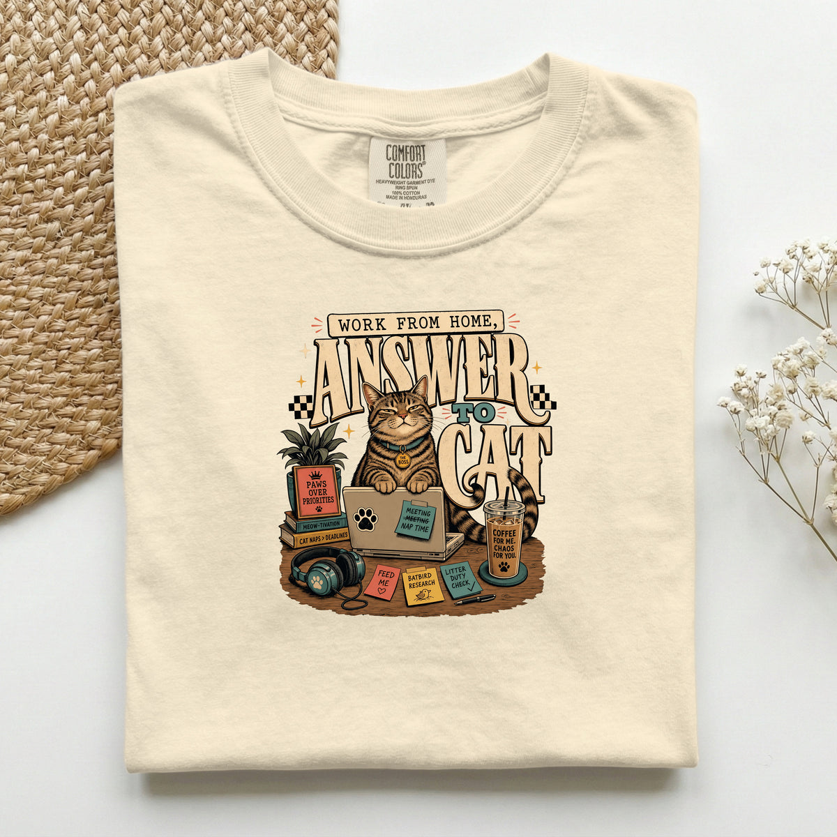 Work From Home Answer To Cat graphic tee in Ivory, folded flat lay