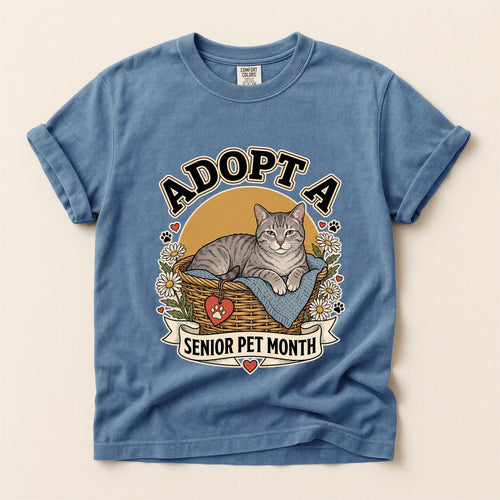 Adopt a Senior Pet Month graphic tee in Blue Jean, flat lay