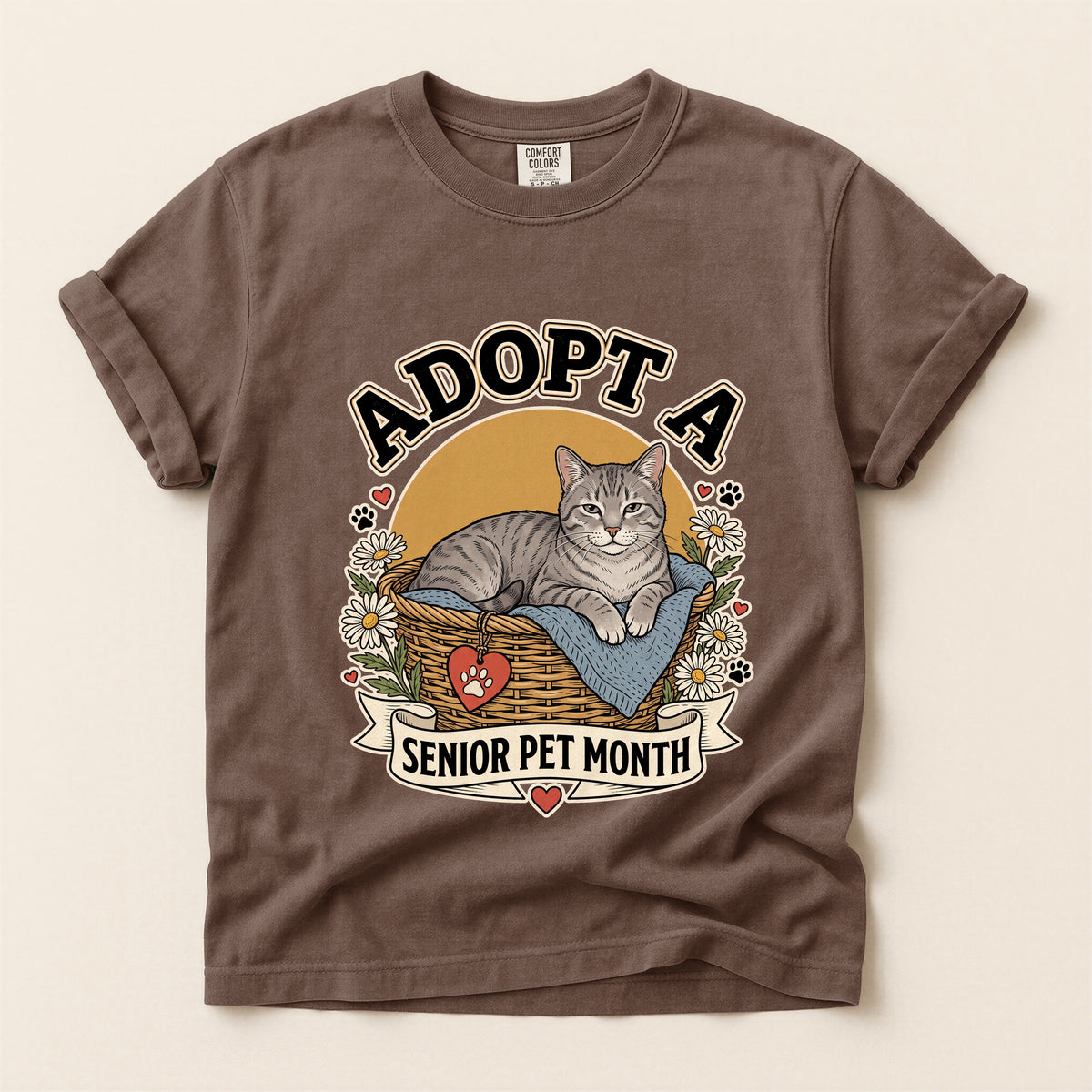 Adopt a Senior Pet Month graphic tee in Espresso, flat lay