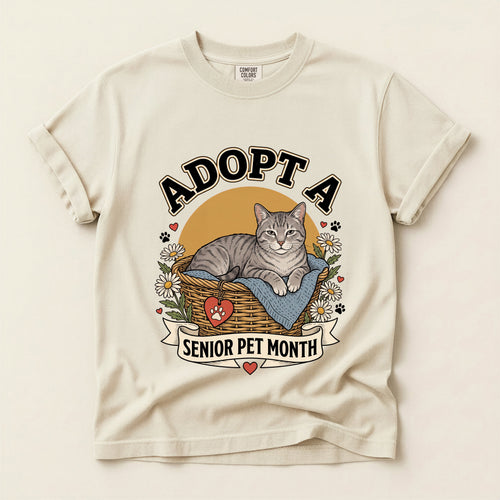 Adopt a Senior Pet Month graphic tee in Ivory, flat lay