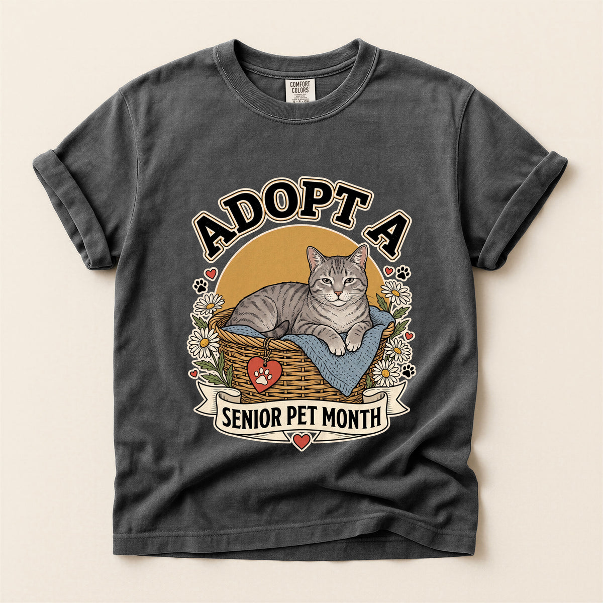 Adopt a Senior Pet Month graphic tee in Pepper, flat lay