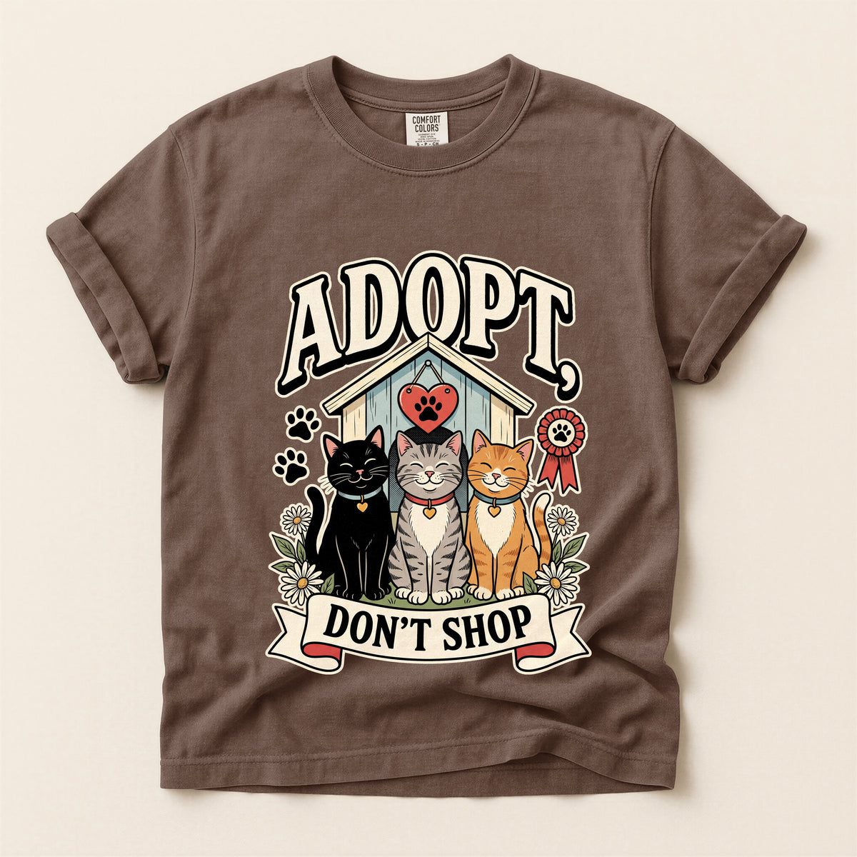 Adopt, Don't Shop graphic tee in Espresso, flat lay