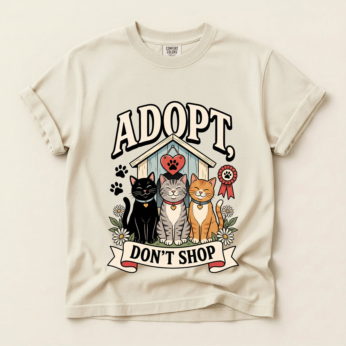 Adopt, Don't Shop graphic tee in Ivory, flat lay