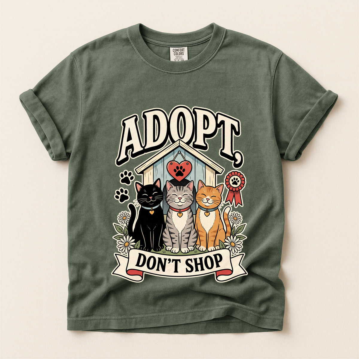 Adopt, Don't Shop graphic tee in Moss, flat lay