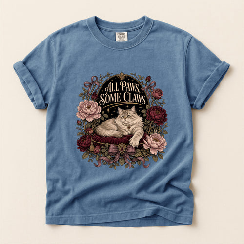 All Paws, Some Claws graphic tee in Blue Jean, flat lay