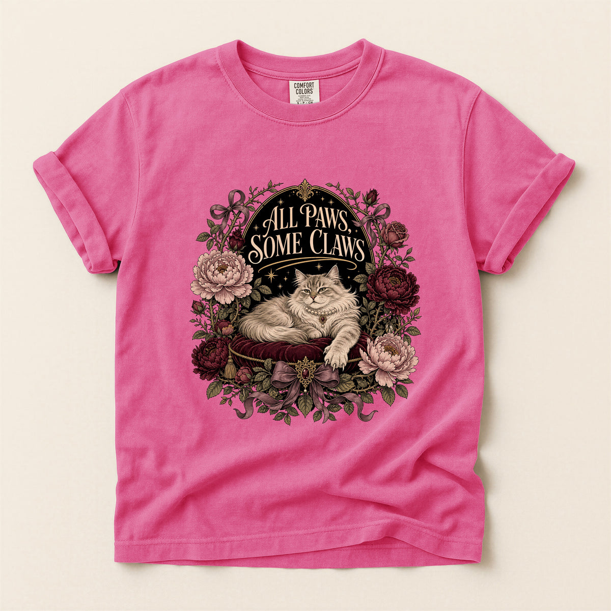 All Paws, Some Claws graphic tee in Crunchberry, flat lay