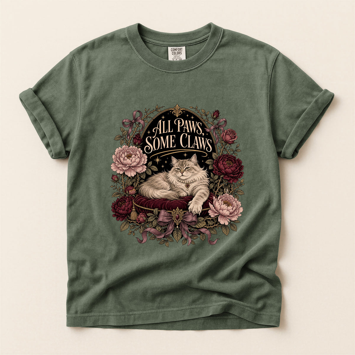 All Paws, Some Claws graphic tee in Moss, flat lay