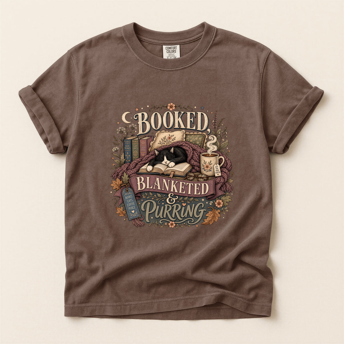 Booked Blanketed And Purring graphic tee in Espresso, folded flat lay