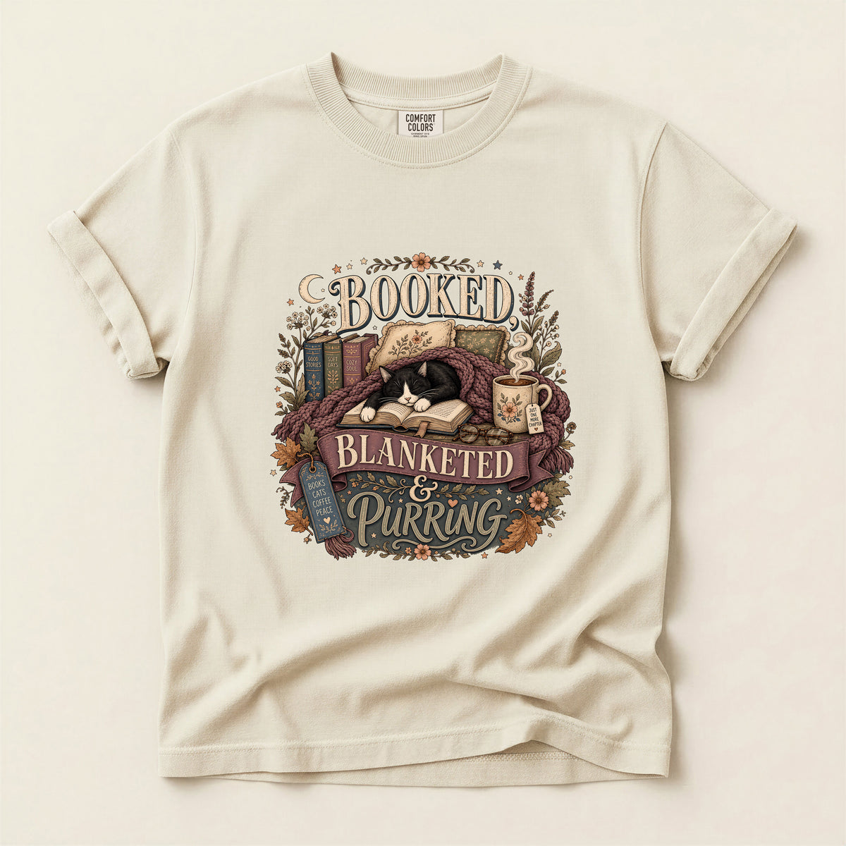 Booked Blanketed And Purring graphic tee in Ivory, folded flat lay