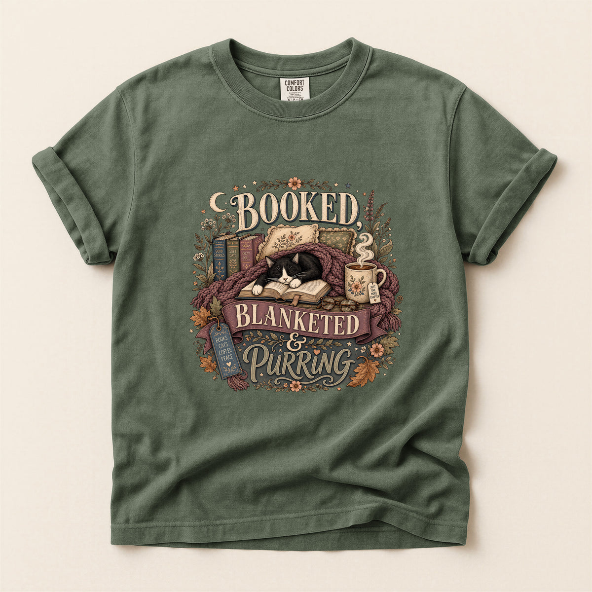 Booked Blanketed And Purring graphic tee in Moss, folded flat lay