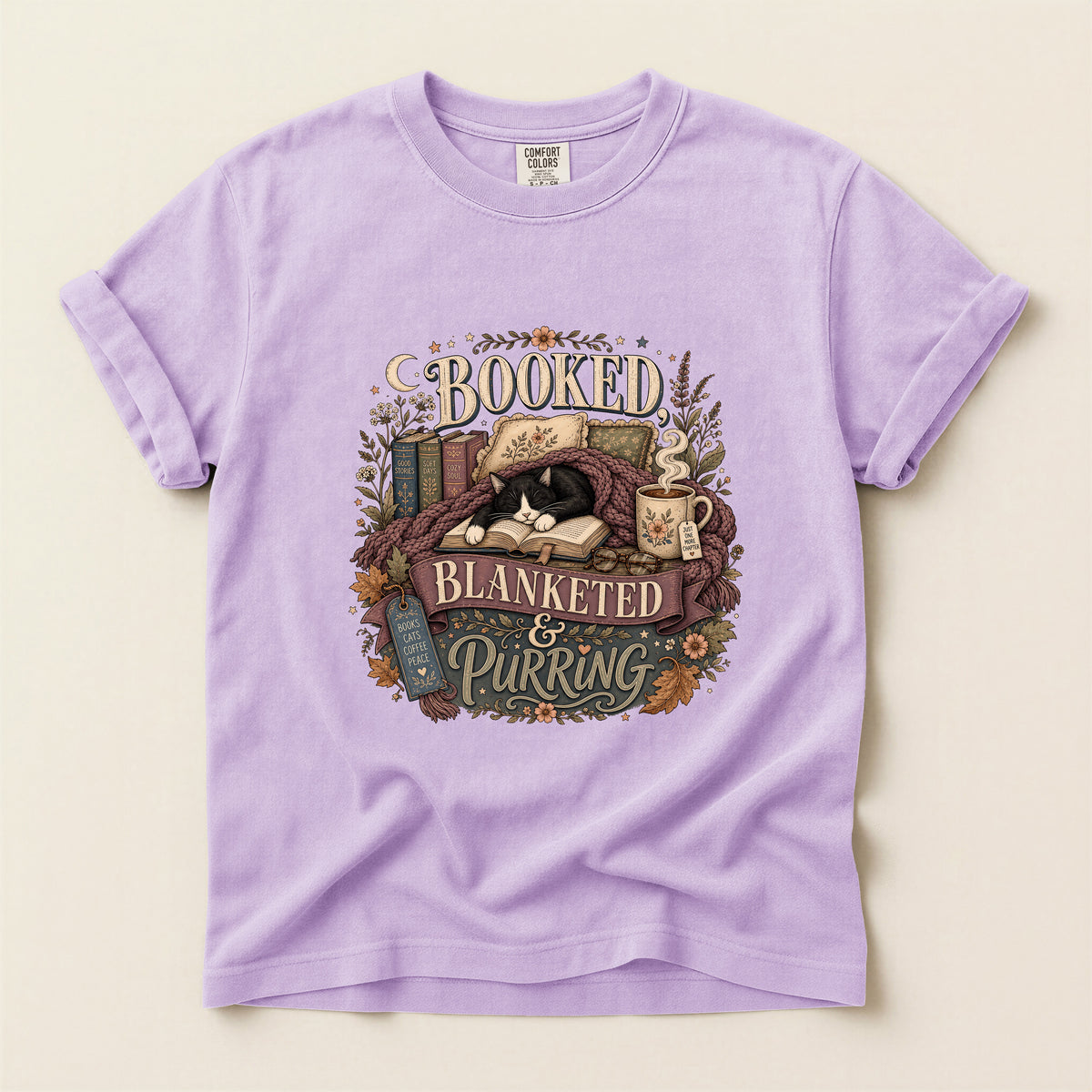 Booked Blanketed And Purring graphic tee in Orchid, folded flat lay