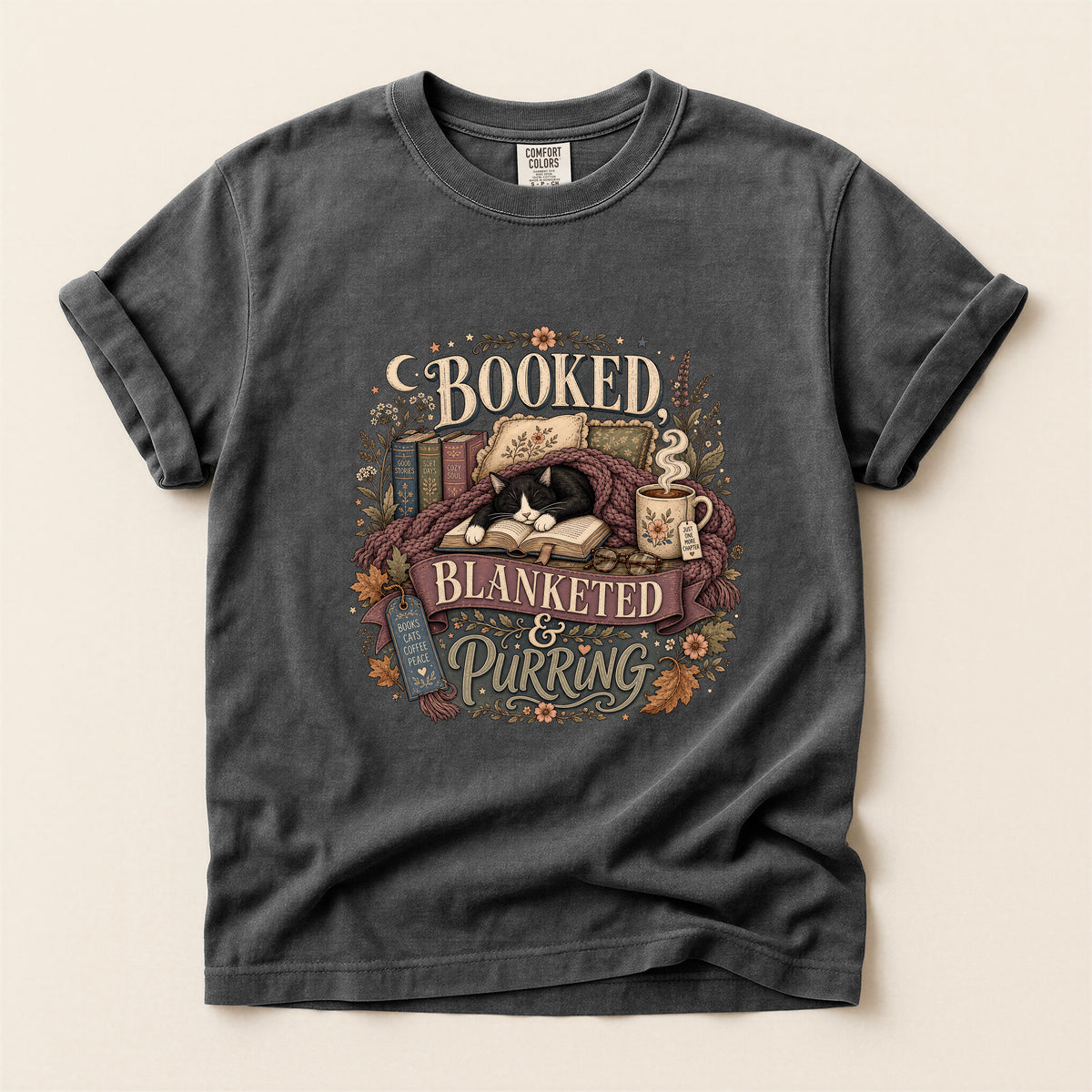 Booked Blanketed And Purring graphic tee in Pepper, folded flat lay