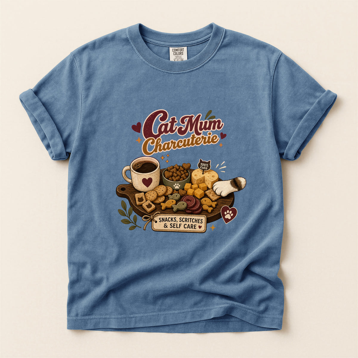 Cat Mum Charcuterie graphic tee in Blue Jean, flat lay