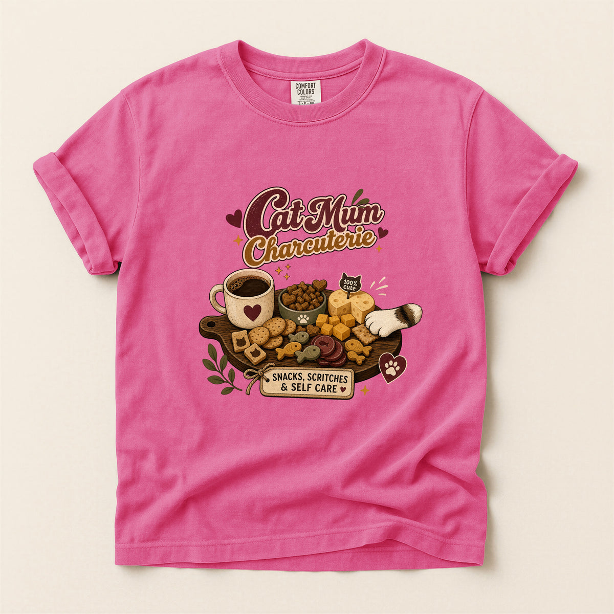 Cat Mum Charcuterie graphic tee in Crunchberry, flat lay