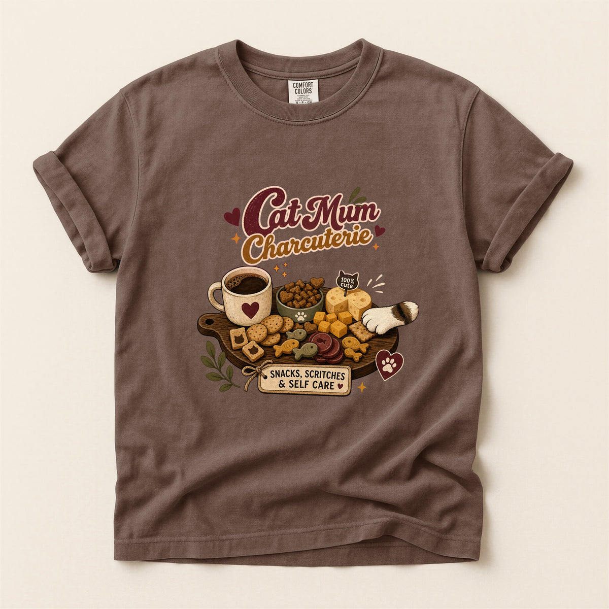 Cat Mum Charcuterie graphic tee in Espresso, flat lay