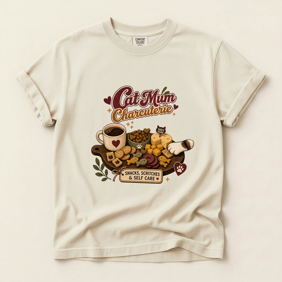 Cat Mum Charcuterie graphic tee in Ivory, flat lay