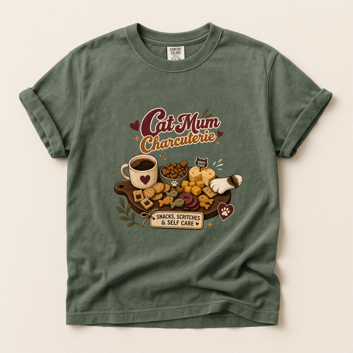 Cat Mum Charcuterie graphic tee in Moss, flat lay