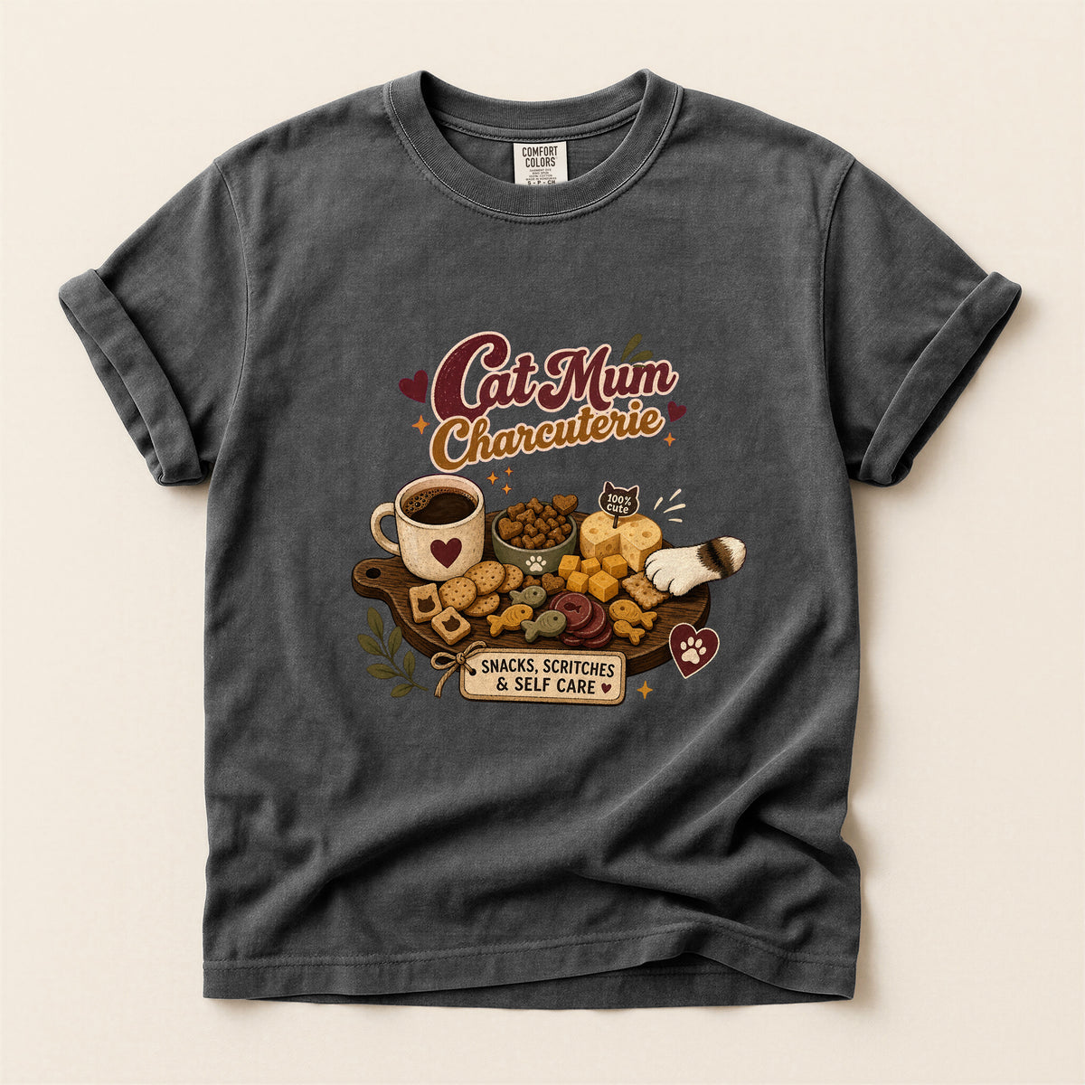 Cat Mum Charcuterie graphic tee in Pepper, flat lay