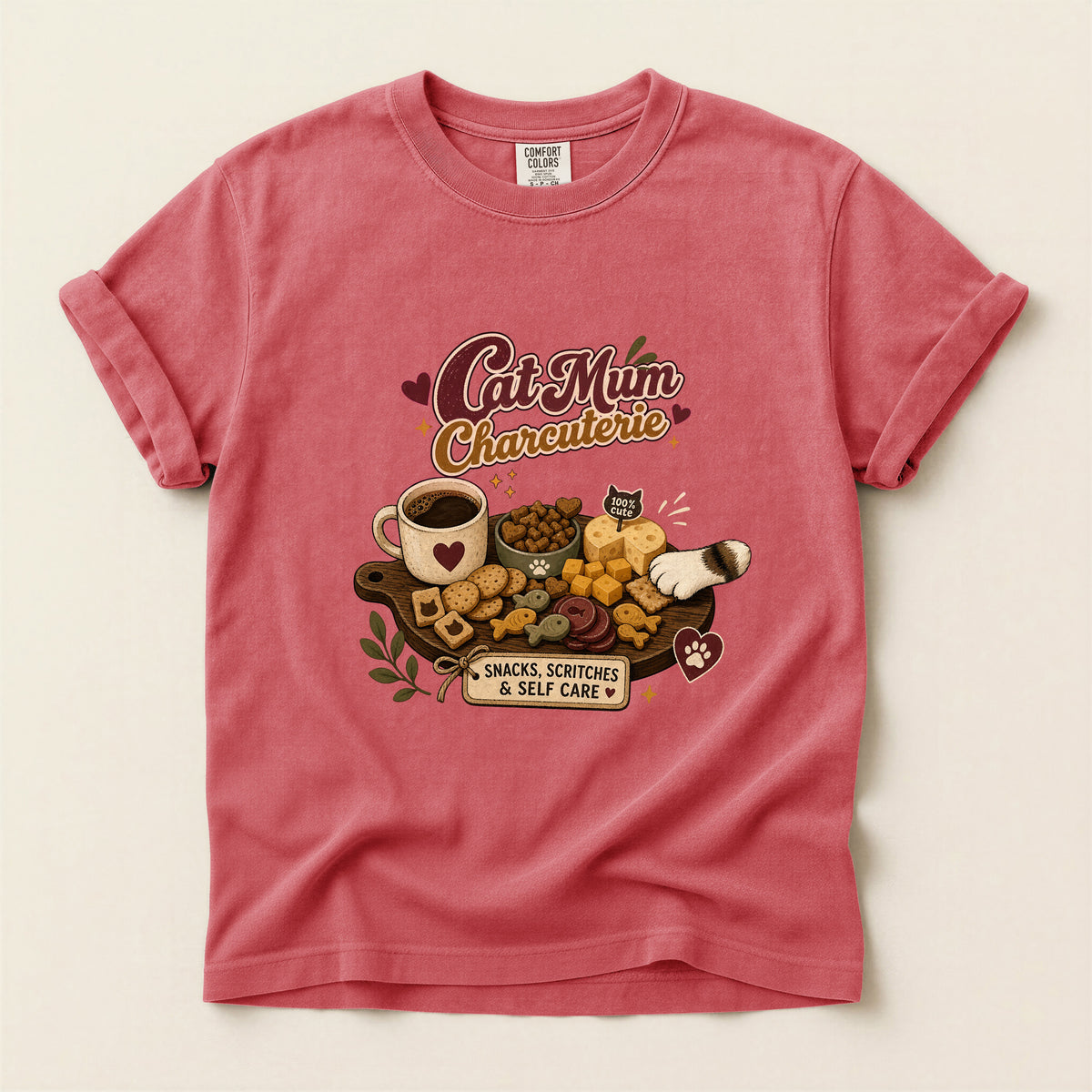 Cat Mum Charcuterie graphic tee in Watermelon, flat lay