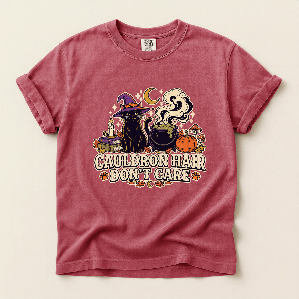 Cauldron Hair Don't Care graphic tee in Crimson, flat lay
