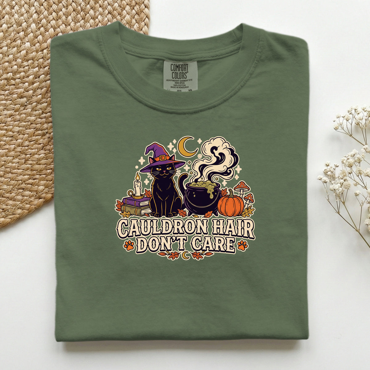 Cauldron Hair Don't Care graphic tee in Hemp, folded flat lay