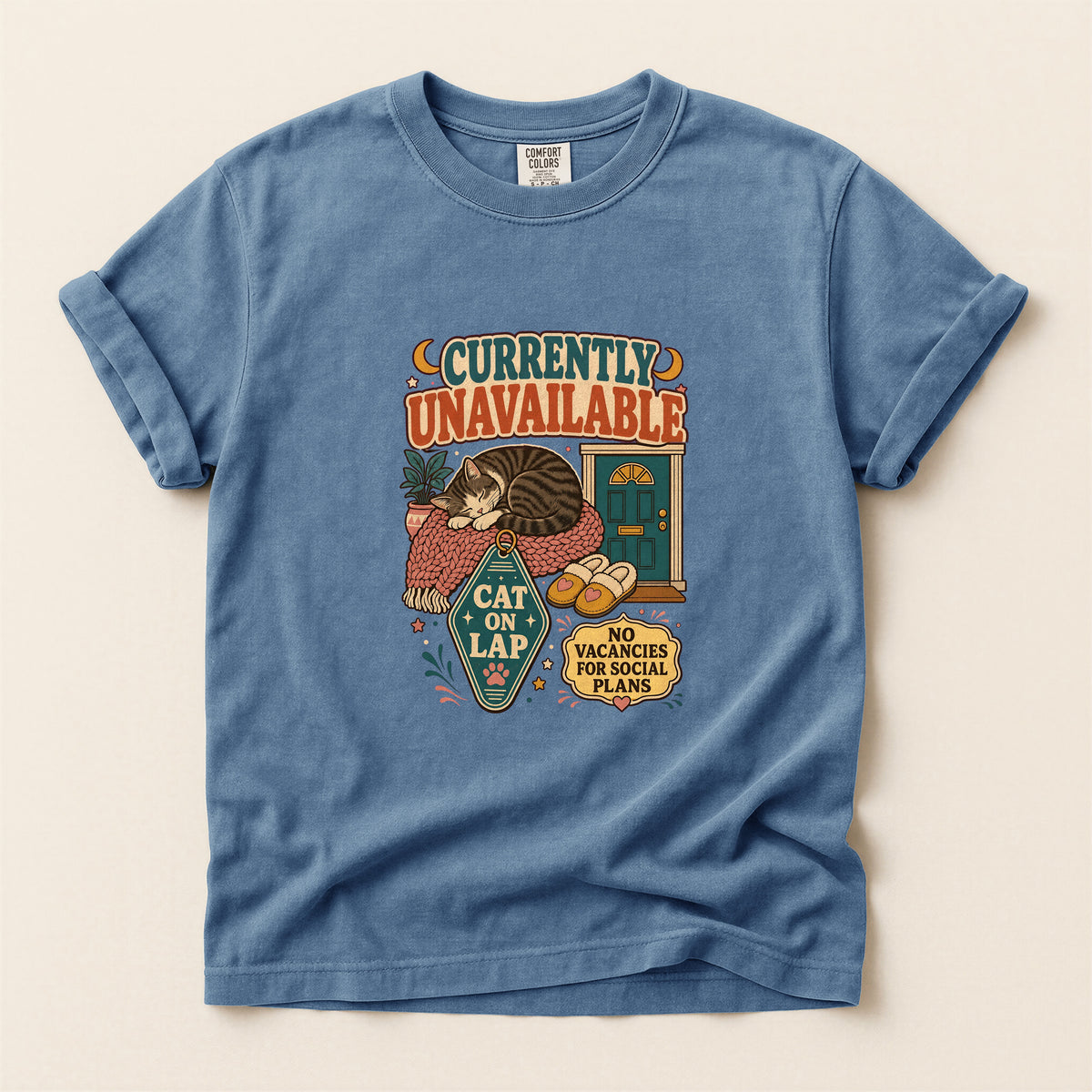 Currently Unavailable, Cat on Lap graphic tee in Blue Jean, flat lay