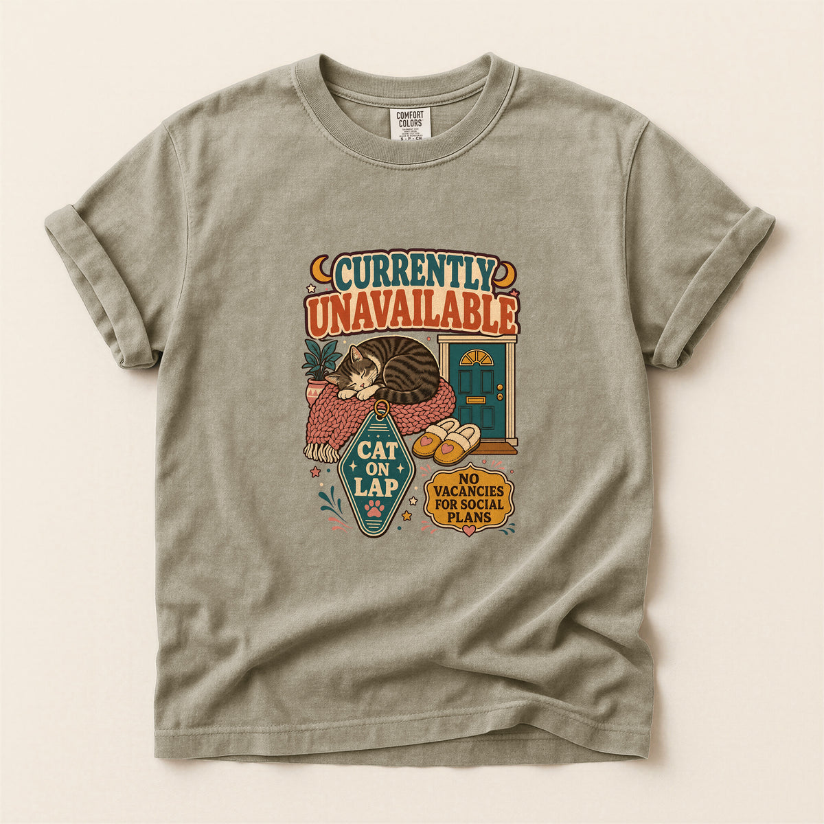 Currently Unavailable, Cat on Lap graphic tee in Khaki, flat lay