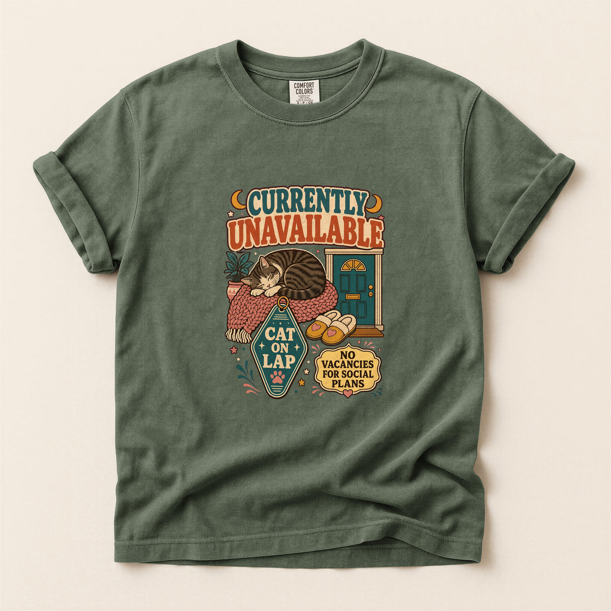 Currently Unavailable, Cat on Lap graphic tee in Moss, flat lay