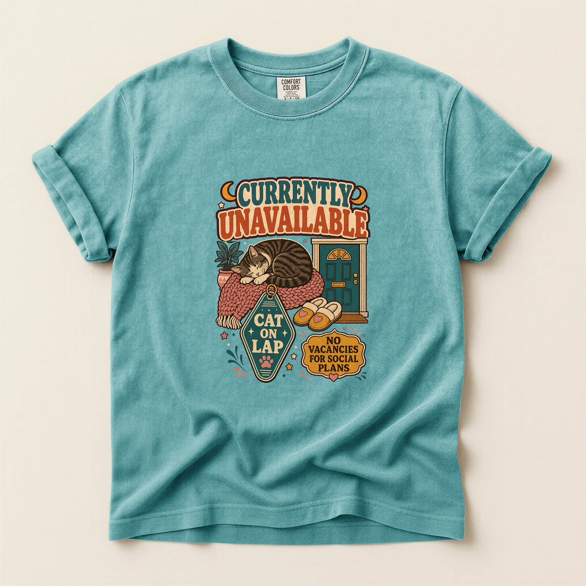 Currently Unavailable, Cat on Lap graphic tee in Seafoam, flat lay
