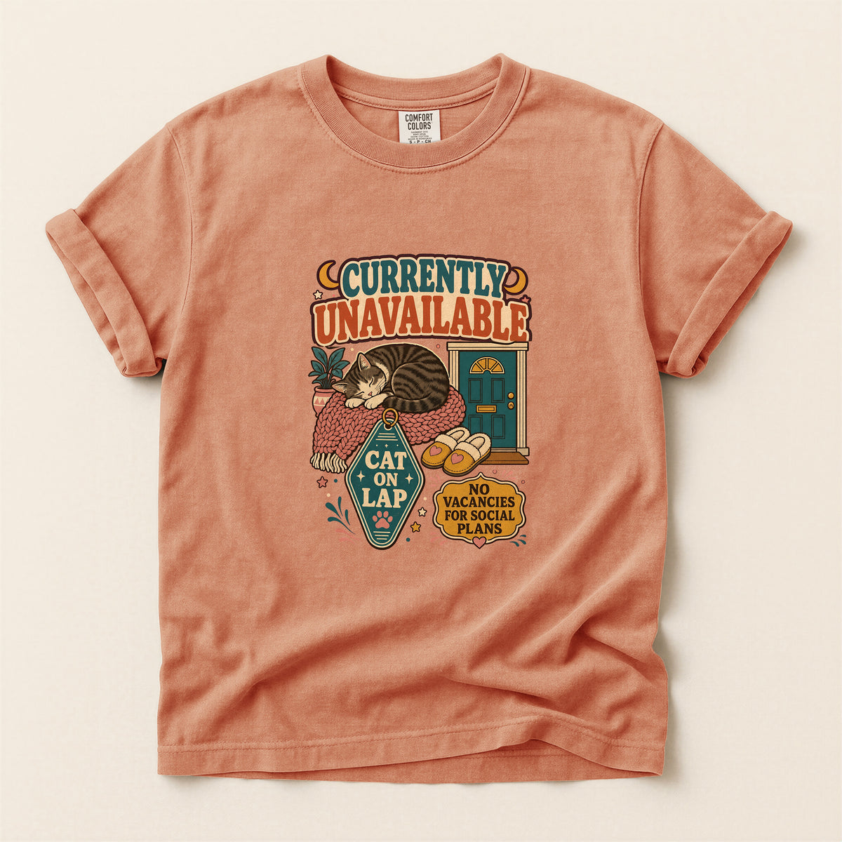 Currently Unavailable, Cat on Lap graphic tee in Terracotta, flat lay