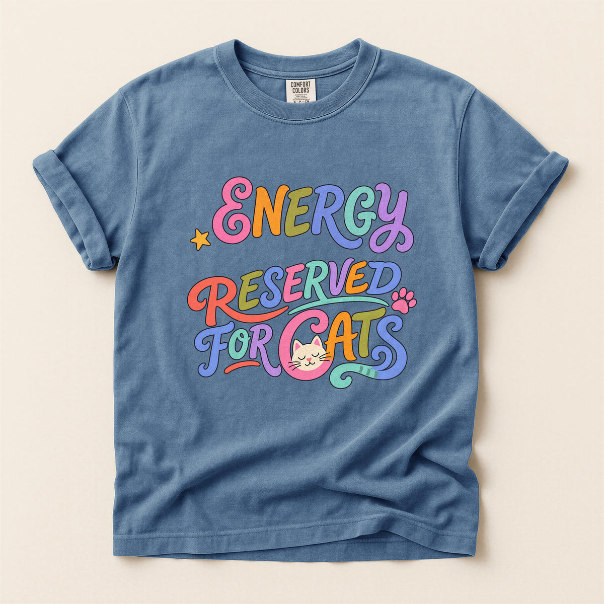 Energy Reserved for Cats graphic tee in Blue Jean, flat lay