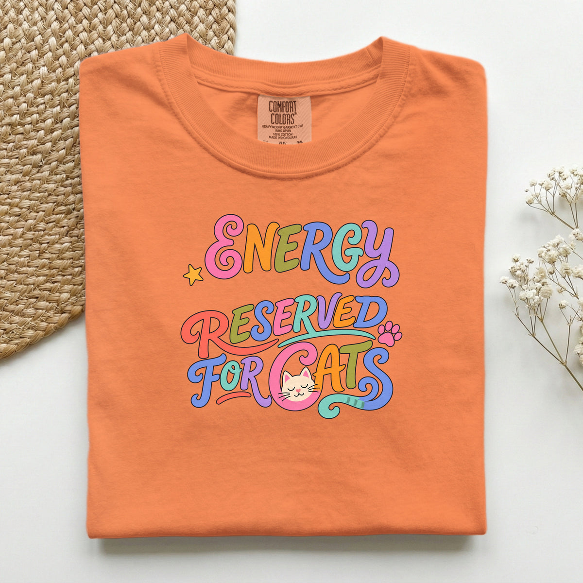 Energy Reserved for Cats graphic tee in Burnt Orange, folded flat lay