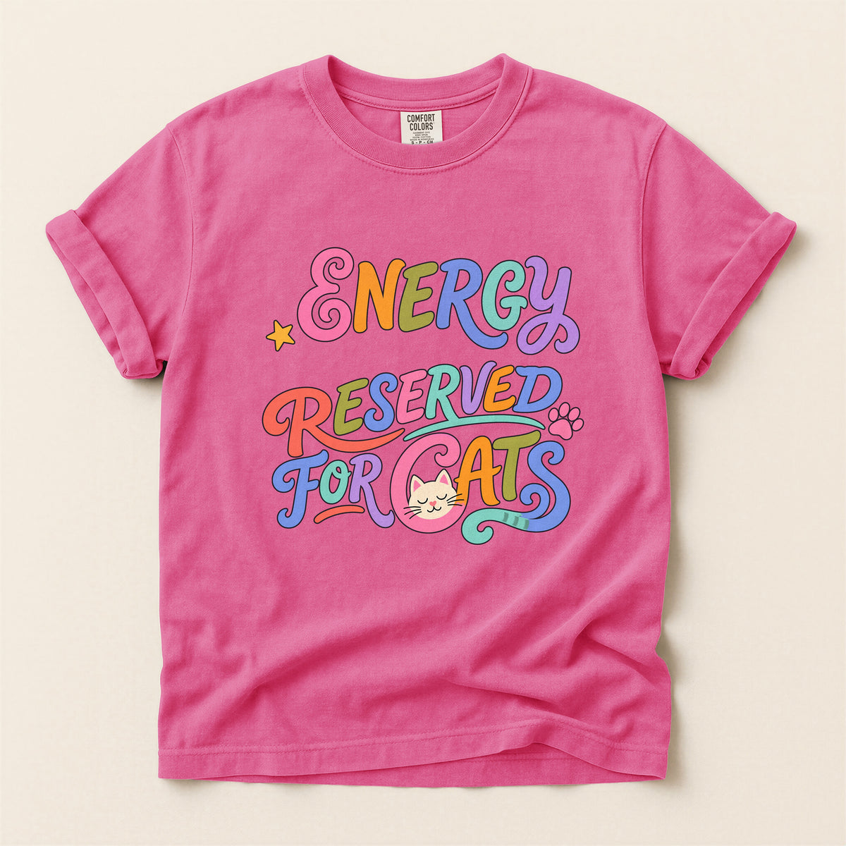 Energy Reserved for Cats graphic tee in Crunchberry, flat lay